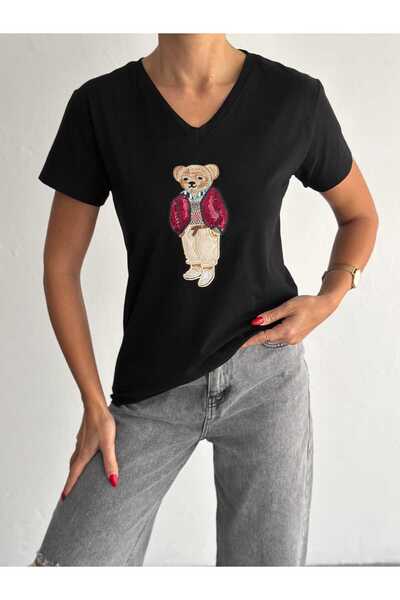 Butik Serdivan Tricou de damă cu decolteu în V cu model Teddy cu paiete - urs...