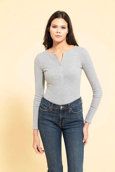 FOR YOU MODA Gray Bodysuit Blouse with Front Zipper Detail and Snap Fasteners