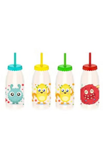 Qlüx Plastic Bottle with Straw and Drawings for Children, 4 Pcs Set  400 ML 6,5X6,5X19,5 CM