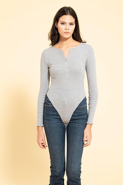 FOR YOU MODA Gray Bodysuit Blouse with Front Zipper Detail and Snap Fasteners