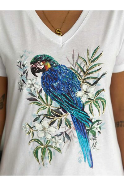 Butik Serdivan Parrot Bird Pattern Sequin Sequin Women's T-Shirt V-Neck 100% Cotton Laderra Style New Season Trend
