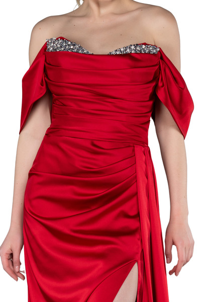 Arden Uzun Abiye Elbise, Saten Madonna Yaka, Taş Detay, Yırtmaçlı, Düğün, Nişan, Mezuniyet Elbisesi, 38-44