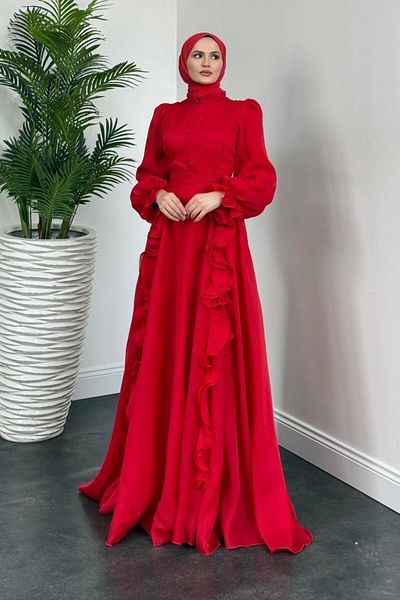 MERVEN AKYÜZ Red Samira Ruffled Janjan Evening Dress