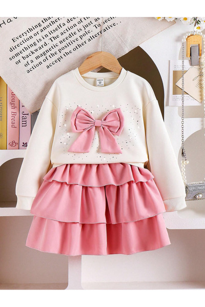 MTL MUTLU BEBBEE KIZ ETEKLİ FİYONKLU TAŞBASKI DETAYLI TAKIM 5-14 YAŞ