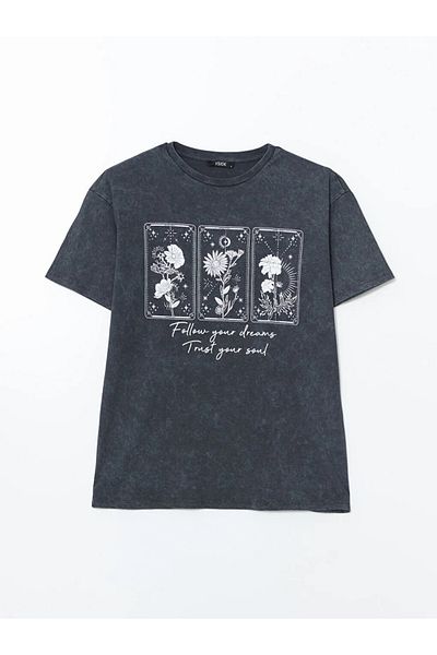 LC Waikiki Xside Anthracite Crew Neck Floral Women's T-Shirt