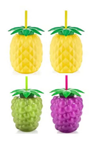 Qlüx Plastic Juice Bottle with Straw Fruit Shape 4 Pcs Set 12,5X18,5 CM