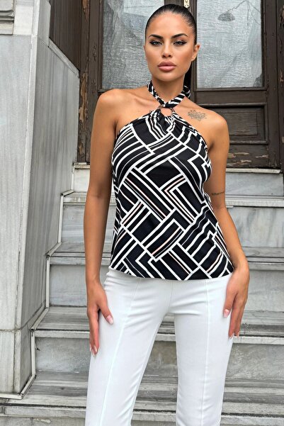 Juuuj Women's Black & White Patterned, Halter Neck, Buckle Strapless, Flowy L...