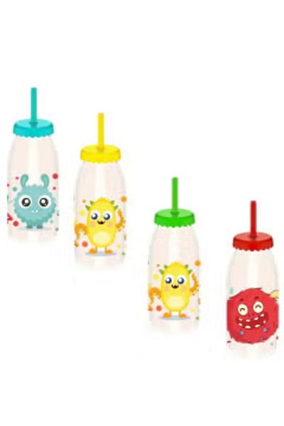 Qlüx Plastic Bottle with Straw and Drawings for Children, 4 Pcs Set  400 ML 6,5X6,5X19,5 CM