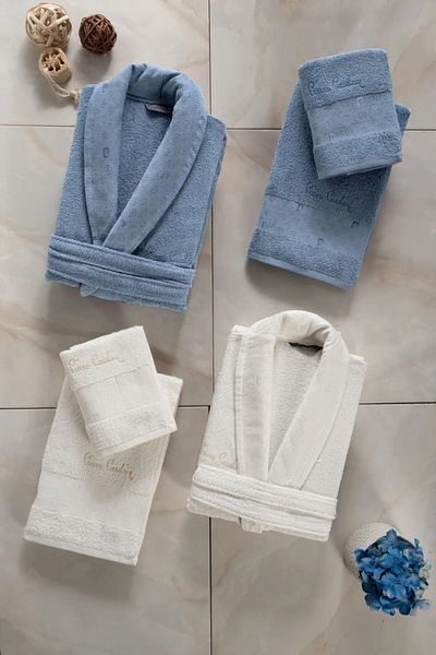 Pierre Cardin Set of 6 Indigo&Cream Bathrobes - 100% Cotton, Patterned Face and Bath Towel