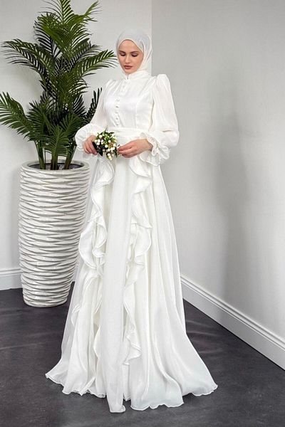 MERVEN AKYÜZ Βραδινό φόρεμα Samira White Ruffle Janjan