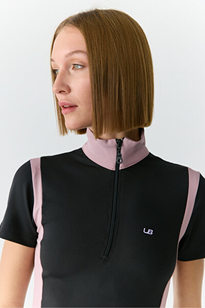 Urban Beat Vickie Women's Stand Collar Zip-Up Black-Rose Dried T-Shirt