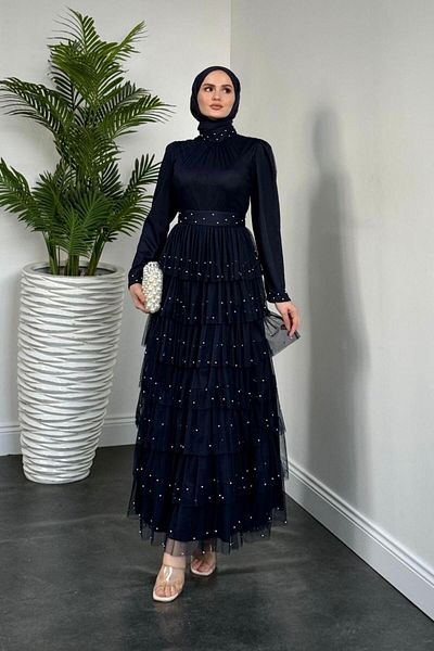 MERVEN AKYÜZ Βραδινό φόρεμα με χάντρες Navy Blue Mona