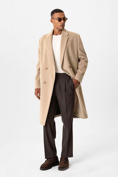 Antioch Beige Textured Double Breasted Men's Coat