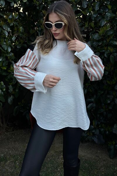 Juuuj Bloc de culoare Caramida pentru damă, croială ovala pe Fustă, bluză larga din in