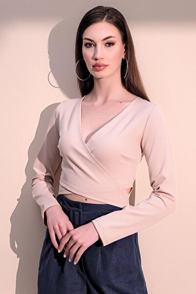 Juuuj Kadın Bej Uzun Kol Yeni Tarz Kruvaze, Kaşkorse, Likralı Crop Bluz