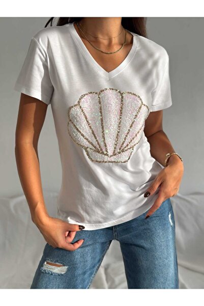 Butik Serdivan Γυναικείο μπλουζάκι με μοτίβο με κοχύλι με παγιέτες και παγιέτ...