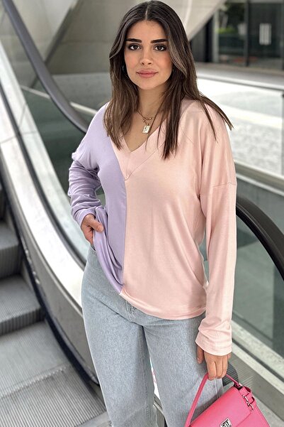 Genel Markalar Kadın Lila & Pudra Blok Renkli, V Yaka, Uzun Kollu, Pamuklu Sa...