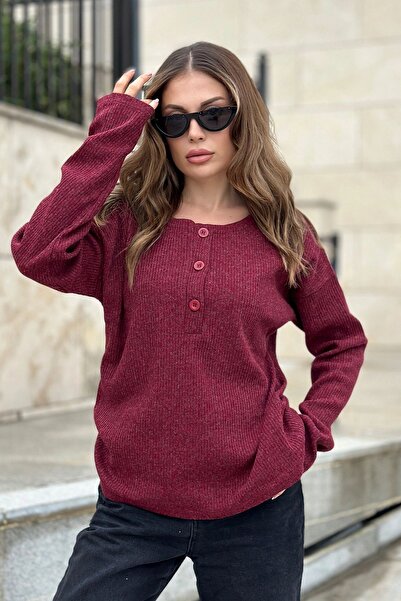 Juuuj Women's Burgundy Soft Textured Buttoned Knitwear Sweater, Long Sleeve, ...