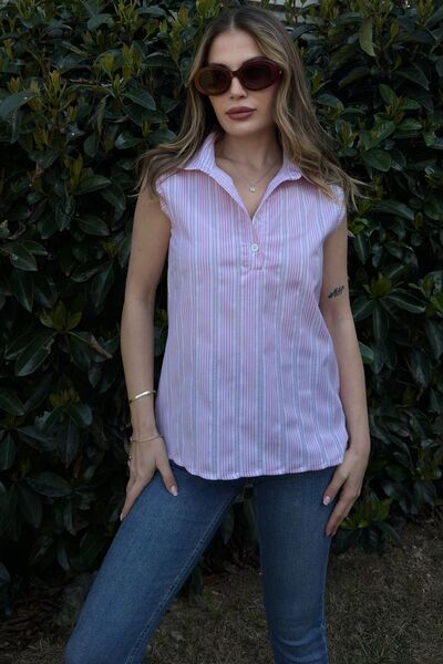 Juuuj Damă în dungi roz, țesătură de vară texturată, jumătate de plăcuță, blu...