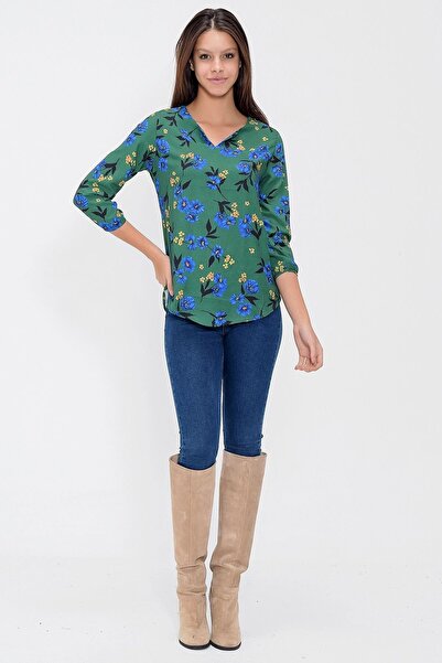 Juuuj Γυναικεία πράσινη μπλούζα κρεπ με σχισμή με λουλούδια και φορέματα με μανίκια τριών τετάρτων - Κατάλληλο για τούρμπι