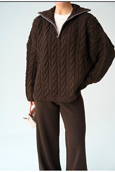 Qu Style Kamyoner Yaka Saç Örgüsü Bordo Kazak