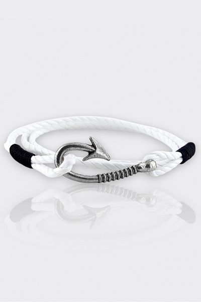 Solfera Men's Bracelet - Fisherman Fishing Rod, White Rope, Black Tied, Three Rows M060E