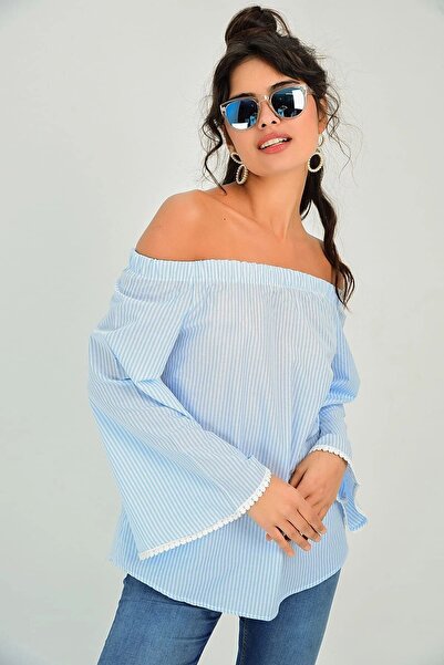 Juuuj Γυναικεία μπλε μακρυμάνικη στράπλες λαιμόκοψη Ισπανικό μανίκι με λεπτομέρεια ριγέ κανονική κοπή Μπλούζα τυπικού μήκους