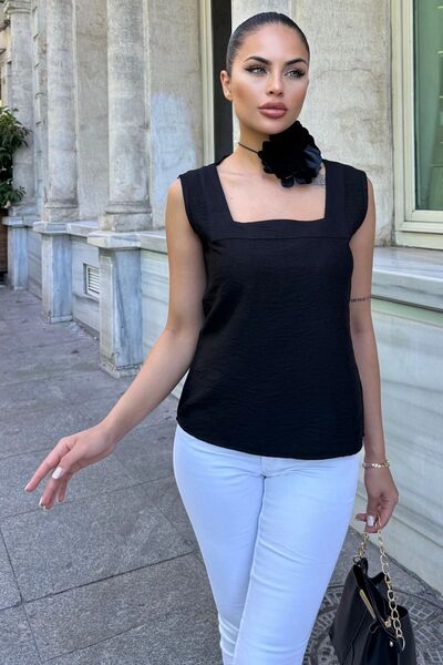 Juuuj Γυναικεία μαύρη λινό μπλούζα με χοντρό λουράκι, τετράγωνο λαιμόκοψη και...