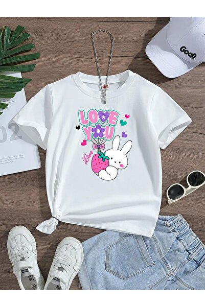 Eysaah تيشيرت فاخر برقبة دائرية للفتيات والأطفال مطبوع عليه أرنب Love yuo