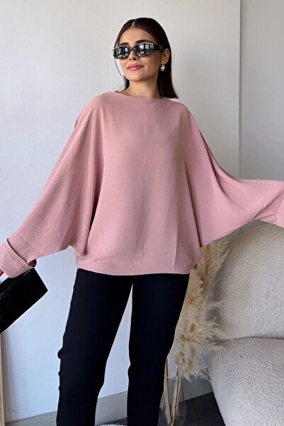 Juuuj Bluză de damă, pudră, Airobin Bat, cu mâneci duble, largi, cu gât rotun...