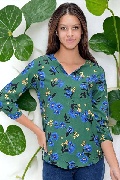 Juuuj Γυναικεία πράσινη μπλούζα κρεπ με σχισμή με λουλούδια και φορέματα με μανίκια τριών τετάρτων - Κατάλληλο για τούρμπι