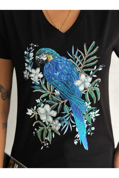 Butik Serdivan Parrot Bird Pattern Sequin Sequin Women's T-Shirt V-Neck 100% Cotton Laderra Style New Season Trend