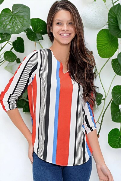 Juuuj Γυναικεία κόκκινη μπλούζα κρεπ με σχισμή με ριγέ μανίκια τριών τετάρτων και φορέστε - Κατάλληλο για το ναυλίσετε