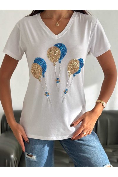 Butik Serdivan Balloon Patterned Women's T-Shirt Sequin and Sequin Embroidered V-Neck Laderra New Season 100% Cotton T-Shirt