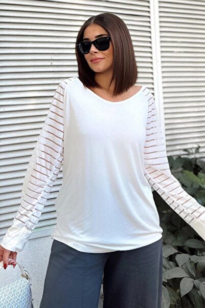 Juuuj Γυναικεία μακρυμάνικη λεπτομέρεια από τούλι λευκή ρίγα, φαρδύς γιακάς, ...