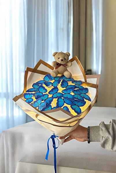 Zemtigo Büyük Boy Led Işıklı Ayıcıklı Mavi Kelebek Buketi Sevgiliye Hediye Öz...