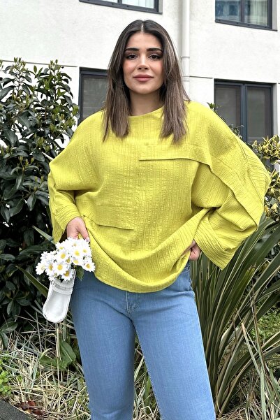 Juuuj Γυναικεία κίτρινη διπλή φαρδιά μανσέτα, μανίκι νυχτερίδας, διακοσμητική...