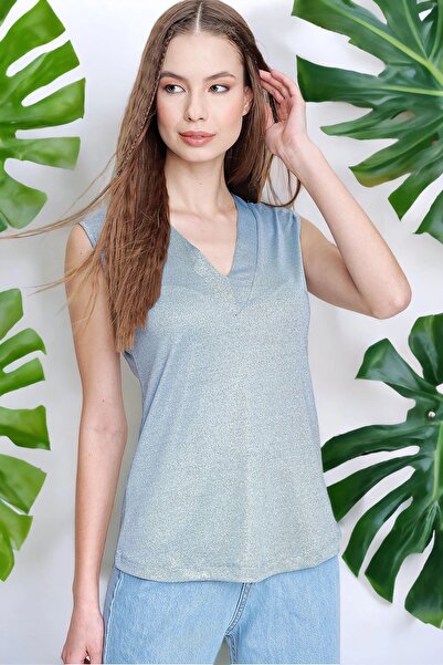 Juuuj Bluză albastră pentru femei, cu textura moale, cu mâneci zero, cu decol...