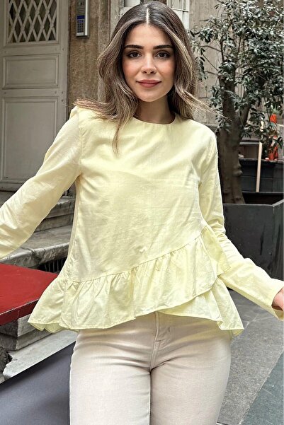Juuuj بلوزة نسائية فضفاضة ذات كشكشة أمامية صفراء ورقبة دائرية وطويلة من الخلف