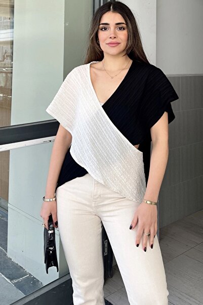 Juuuj بلوزة نسائية فضفاضة بلونين إكرو وأسود، رقبة عميقة على شكل حرف V، بدون أ...