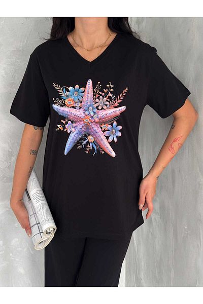 Butik Serdivan Plus Size Black T-Shirt - Seashell Print, Sequin Sequin, V-Neck 100% Cotton New Season