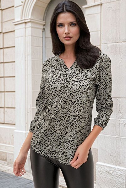Juuuj Χακί λεοπάρ στάμπα, μπλούζα σιφόν με ελαστική λεπτομέρεια στα μανίκια