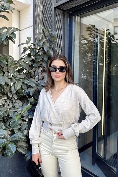 Juuuj Γυναικείο μπεζ μακρύ μανίκι με κουμπιά με λεπτομέρεια, μπλούζα με διπλό στήθος