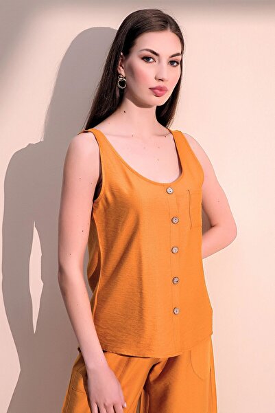 Juuuj Bluză de in pentru femei, cu bretele groase, cu gât rotund și cămașă fă...