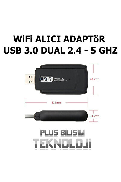 Plus Bilişim Wifi Alıcı Adaptör AC1200 Mbps Usb 3.0 Çift Antenli 2.4 ve 5 Ghz Destekli Tak Kullan