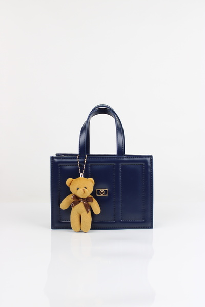 mossi Navy Blue Faux Leather Women's Small Bag - Long Strap Plush Charm Gift