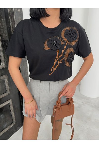 Butik Serdivan Women's T-Shirt Black Floral Applique Premium New Season Trend Single Jersey 100% Cotton Crew Neck