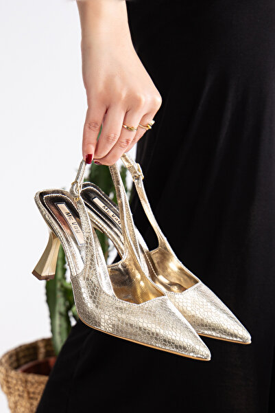 Mc vay Shoes Stiletto Gold Buckle Gold Piece Shiny Skin Detailed Women's Stiletto Shoes