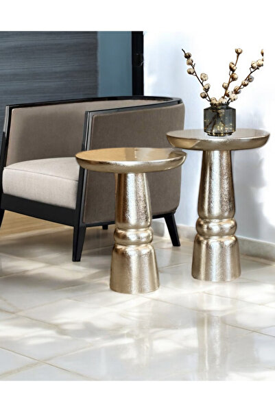 ASELYA HOME Ahşap 2’li Set Handmade Mantar Yan Sehpa Modern Gümüş Renk Varak ...