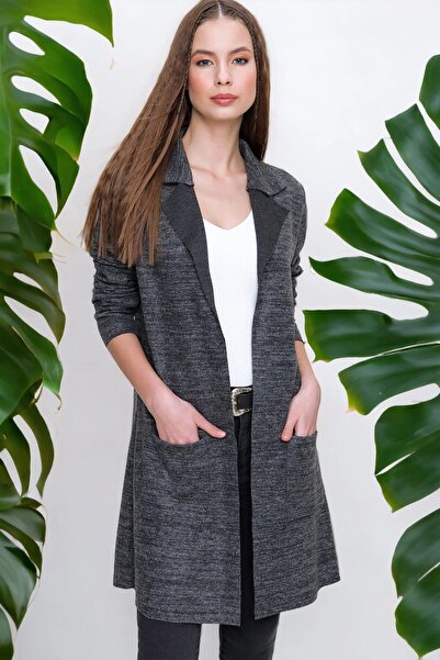 Juuuj Jachetă lungă pentru femei, antracit, cu textura, cu buzunare duble, ca...